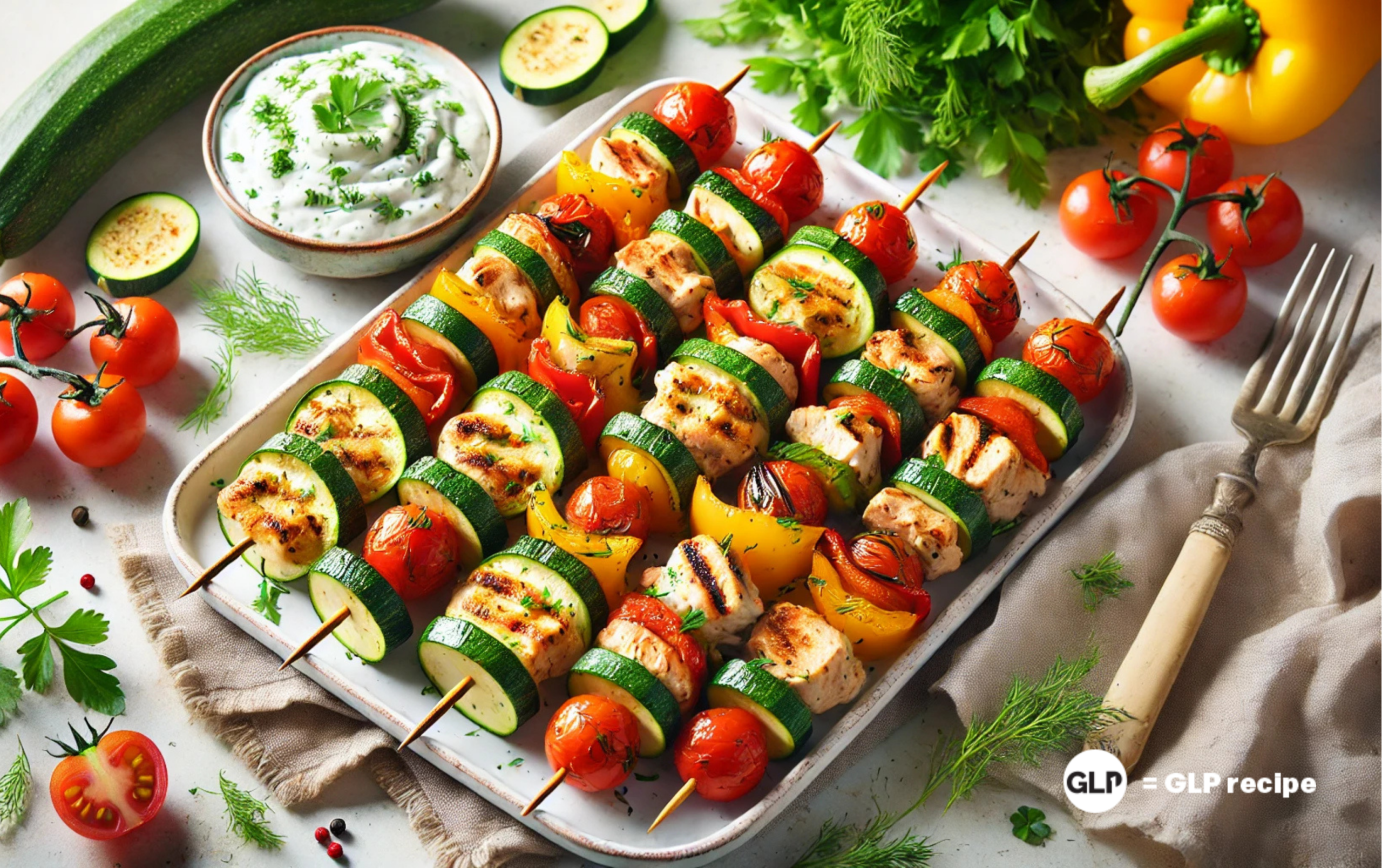 Roasted Veggie & Chicken Skewers with Herb Dip